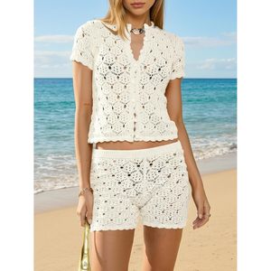 Fisoew Womens <b>Crochet</b> Coverup 2 Piece <b>Set</b> Short Sleeve Button Crop Top Beach Shorts Elastic Waist Deep V Neck Summer Swimwear - Product Image 3