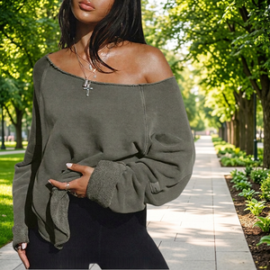 Hot Seller Women`s One-Shoulder Sweatshirt Oversized Drop Shoulder Solid Color Knitted Pullover <b>Long</b> <b>Sleeve</b> Autumn Casual <b>Tops</b> - Product Image 3