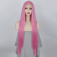Perruque synthétique Lace Front 32 pouces, longue et droite, avec raie au milieu, noir naturel, dentelle transparente, pré-épilée, sans colle, pour femmes