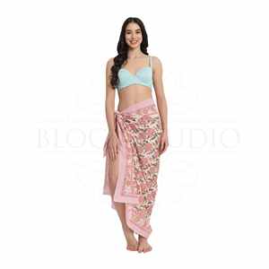 Pareo de algodón con estampado a mano Mughal en rosa, verde y mostaza para mujer, ligero, para cubrir el bikini, ropa de verano - Product Image 3