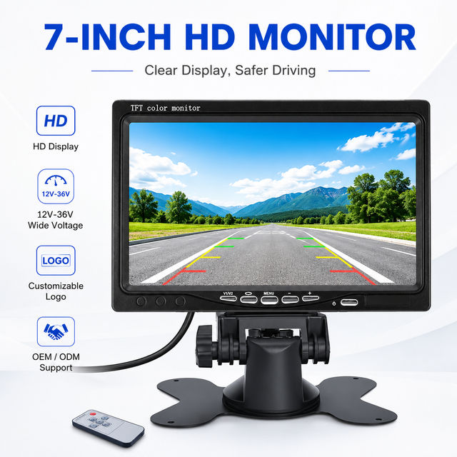 7 Inch TFT LCD Color Car Monitor HD Reversing Display 2 CH Video Input for Truck Bus Semi Trailer Excavator 12-36V