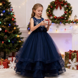Robe de bal bleu marine pour filles, col rond, tutu en Tulle, Costume de fête de noël long pour enfants, taille 632 - Product Image 1