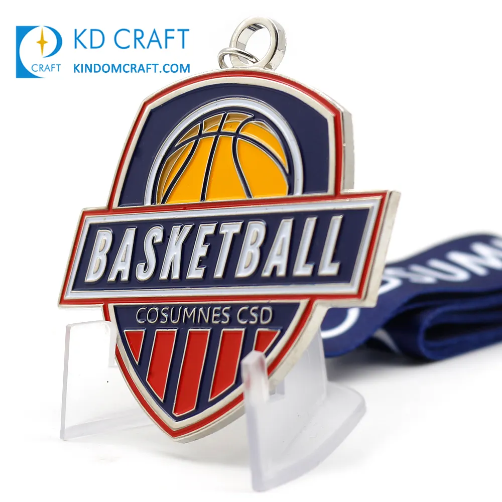 Médaille de basket-ball de récompense sportive 3d d'originalité plaqué argent émaillé souple en métal personnalisé avec ruban