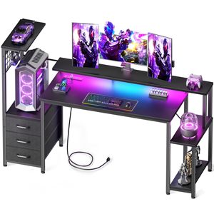 Bureau d'ordinateur de jeu SENYU avec éclairage LED, surface métallique, tiroir de rangement, bureau d'angle en forme de L noir - Product Image 4