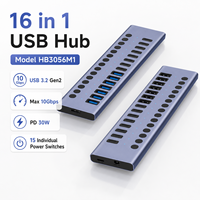 Hub USB 3.2 Gen2 16-en-1, 10 Gbps, 8x USB-C + 8x USB-A, Charge rapide PD 30W, Interrupteurs individuels, Hub alimenté en aluminium