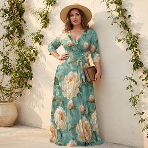 Women's Solid V Neck 3/4 Sleeve Knitted High Waist Sheath Knee-Length Sundress <b>Wrap</b> Asymmetrical Hem Slit Draped Sashes Summer - Product Image 5