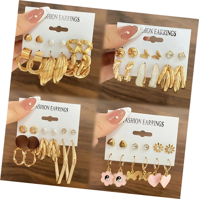 Fashion Gold Metal Geometric Heart Pearl Earrings Set Butterfly Rhinestone Ear Studs for Women Jewelry