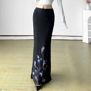 New Chinese-style Vintage purple Plant Print Slim-fitting Knitted Empire Waist <b>Wrap</b> <b>Skirt</b> for Women Floor-length Dress - Product Image 4