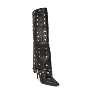 Stivali da Donna alla Moda 2026 <span class=keywords><strong>con</strong></span> Punta Affusolata e Dettagli Dorati, Stivali Alti al Ginocchio in Pelle Nera <span class=keywords><strong>con</strong></span> <span class=keywords><strong>Tacco</strong></span> <span class=keywords><strong>a</strong></span> <span class=keywords><strong>Spillo</strong></span> e Gambale Ripiegabile - Product Image 2
