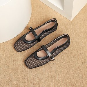 Nouvelles sandales respirantes en maille 2026, style ballerine à bride unique, chaussures plates Mary Jane évidées à bout carré - Product Image 1