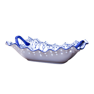 Ciotola Vintage per Frutta in Ceramica Blu e Bianca con Doppio Manico, Design in Rilievo, Decorazione Antica - Product Image 2