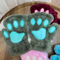 Gants en peluche patte de chat, demi-doigts, patte d'ours, sans doigts, mignons, pour femmes, en polaire épaisse, à suspendre au cou, gants d'hiver chauds à motif dessin animé