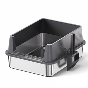 Bac à litière carré en acier inoxydable avec design ouvert, facile à nettoyer, construction durable, grande capacité, rebord haut - Product Image 1