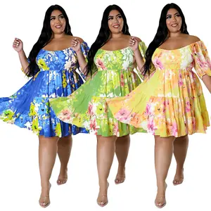 Summer latest plus size dress off shoulder printed dress loose casual niche pleated floral dress 5XL