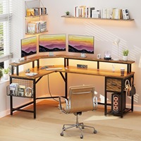 Bureau de jeu en métal en forme de L de 66 pouces avec prise de courant, support d'écran complet, lumières LED, tiroirs, vente en gros d'usine