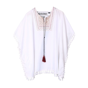 Buonic Copricostume da Spiaggia Estivo da Donna 85x80cm Bianco Ricamato con Frange Casual - Product Image 1