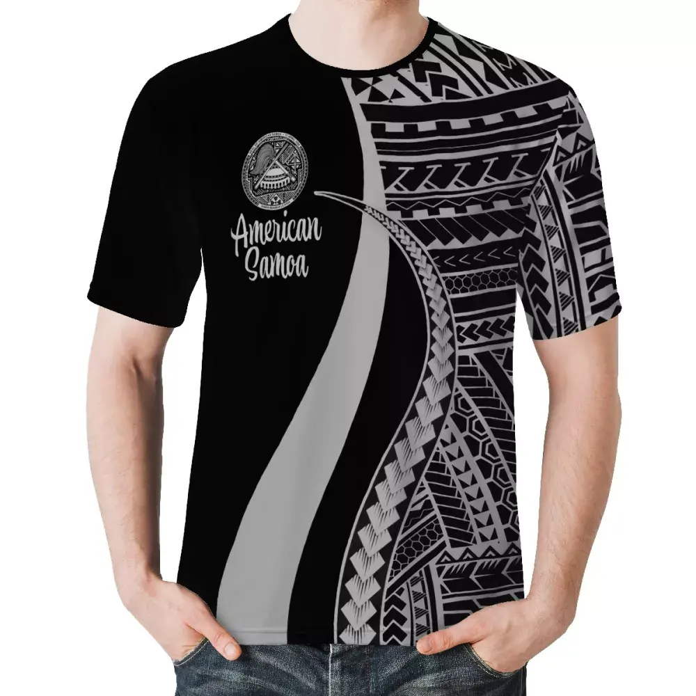 Nhà Máy Outlet Polynesian Tribal Biểu Tượng Tùy Chỉnh Đen T Shirt Ngắn Tay Áo Thiết Kế Sang Trọng Mỹ Samoa Pattern Vòng Cổ T Shirt