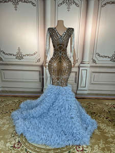 Novance Gaun Malam Y2494, Tren 2022 Berlian Berkilau Berlian Imitasi Rumbai Ukuran Besar Gaun Malam Elegan Renda Biru Lipit Ekor Putri Duyung - Product Image 3