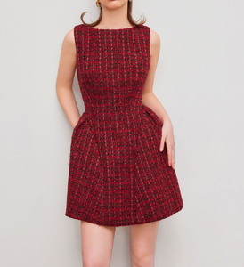 Твидовое дизайнерское платье с круглым вырезом и короткими рукавами, элегантное мини-платье с рюшами и вырезом лодочкой - Product Image 2