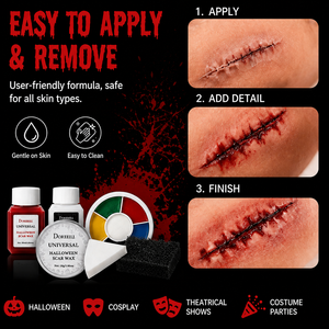 Kit de maquillage SFX complet OEM avec cire à cicatrices, <span class=keywords><strong>latex</strong></span> <span class=keywords><strong>liquide</strong></span>, <span class=keywords><strong>faux</strong></span> <span class=keywords><strong>sang</strong></span>, palette 6 couleurs pour des effets réalistes en cosplay <span class=keywords><strong>et</strong></span> pour Halloween - Product Image 5