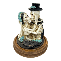 Figurine en résine de mariée et marié squelettes, statue de couple crâne pour mariage, décoration rose bleue Jour des Morts, ornement de bureau sur base en bois