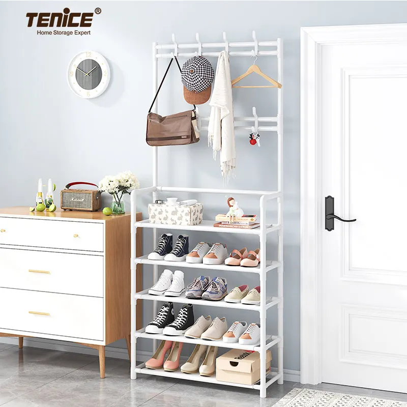 Tenice-Zapatero 3 en 1 de 24 pulgadas de ancho, estantería de almacenamiento de Metal con estante de 5 niveles para dormitorio, baño y sala de estar