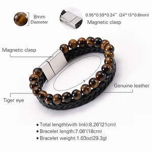 Pulsera de cuero de ojo de tigre de piedra Natural para hombre, brazalete de doble fila con cierre magnético - Product Image 5