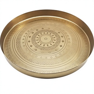 Round Gold Metal Serving Platter Handmade Polished Engraved Floral Pattern <b>Decorative</b> <b>Plate</b> For Home Kitchen Party Wedding Decor - Product Image 2
