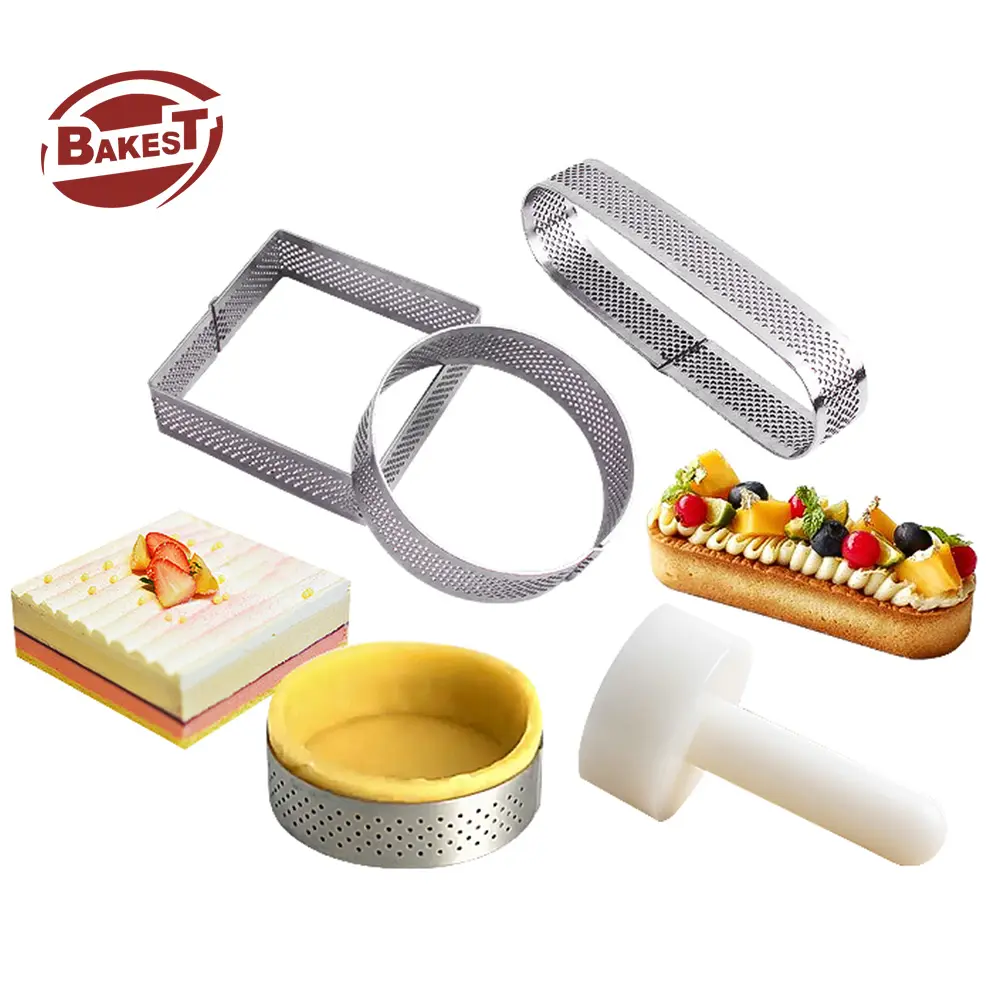 BAKEST crostata Ring Mold Set perforato 304 Bakeware in acciaio inossidabile 12cm Metal pasticceria crostata anelli quadrati perforati 4 ''stampo