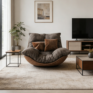 Fauteuil de salon moderne ergonomique pivotant incurvé avec base en bois massif, confortable, rembourré en tissu, fauteuil d'appoint - Product Image 3