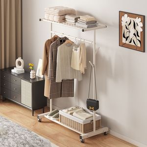 Clothes Rack Floor Standing Metal Drying Rack With Shelf And <b>Basket</b> For Bedroom <b>Storage</b> Mobile Design Rectangle Shape - Product Image 1