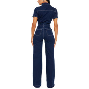Women's Loose Casual Short-sleeved Pocket Slim-fit Denim Jumpsuit Wide-leg <b>Pants</b> Fashion - Product Image 4