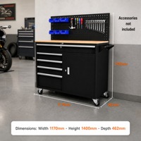 Coffre à outils mobile à 5 tiroirs en acier avec plan de travail en bois massif et serrure pour atelier de réparation automobile, garage de moto, rangement