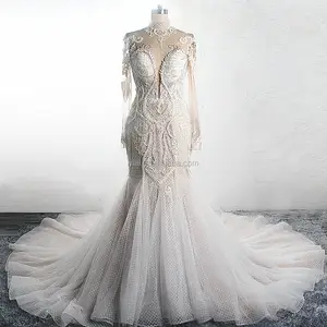 Luxury Crystal Champagne Colored High Neck Sexy Flare Crystal Lace Wedding Dresses Bridal Gown Long Sleeve Mermaid Wedding Dress