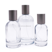 Flacon de parfum jetable rond en verre et aluminium de 30 ml, 50 ml, 100 ml avec pompe pulvérisatrice grise et emballage – Offre Spéciale