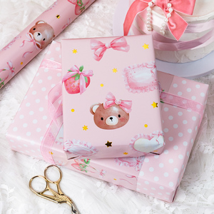 Cute <b>Bear</b> Strawberry Pattern Gift Wrap Paper Roll <b>Pink</b> Double Side Coated Art Paper for Crafting and Packaging - Product Image 2