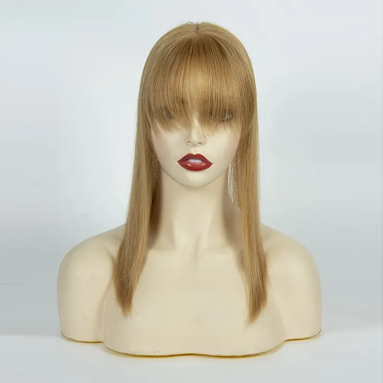 Toptan doğal gerçek Remy avrupa Mono ince cilt peruk beyaz kahküllü peruk değiştirme için kadın peruk Topper