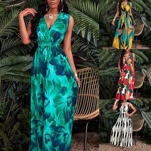 Abito lungo da donna casual con scollo all'americana, stampa color block, scollo a V profondo, cintura e vestibilità fluida, ideale per feste estive tropicali - Vendita all'ingrosso - Product Image 2