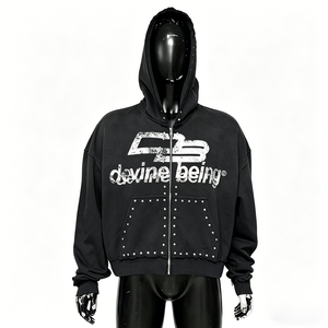 เสื้อฮู้ดดี้ผู้ชายลายตัวอักษร สไตล์สตรีทแวร์ ทรงครอป บ็อกซี่ ผ้าเฟรนช์เทอร์รี่ ซันเฟด ประดับคริสตัลแบบฮอตฟิกซ์ ล้างสีแบบแอซิดวอช ซิปหน้า - Product Image 1