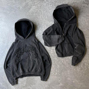 2025 francese Terry personalizzato sbuffo stampa di colore grigio cucito grafico a goccia spalla acido lavaggio Zip <span class=keywords><strong>felpa</strong></span> con <span class=keywords><strong>cappuccio</strong></span> per <span class=keywords><strong>uomo</strong></span> - Product Image 1