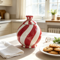 Vente en gros de pots en céramique personnalisés avec logo, pot à biscuits en porcelaine à rayures spirales rouges, décoration moderne de cuisine, récipient de stockage alimentaire