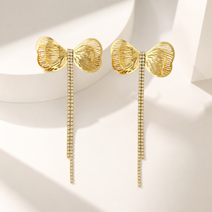 Boucles d'oreilles pendantes en zircon, acier inoxydable plaqué or 14 carats sous vide, ajourées, longues, avec pampilles en cristal, bijoux fantaisie - Product Image 1