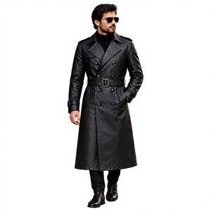 <b>Men</b> Genuine Leather <b>Long</b> Trench <b>Coat</b> Notched Lapel Double Breasted Overcoat With Belt Regular Fit - Product Image 1