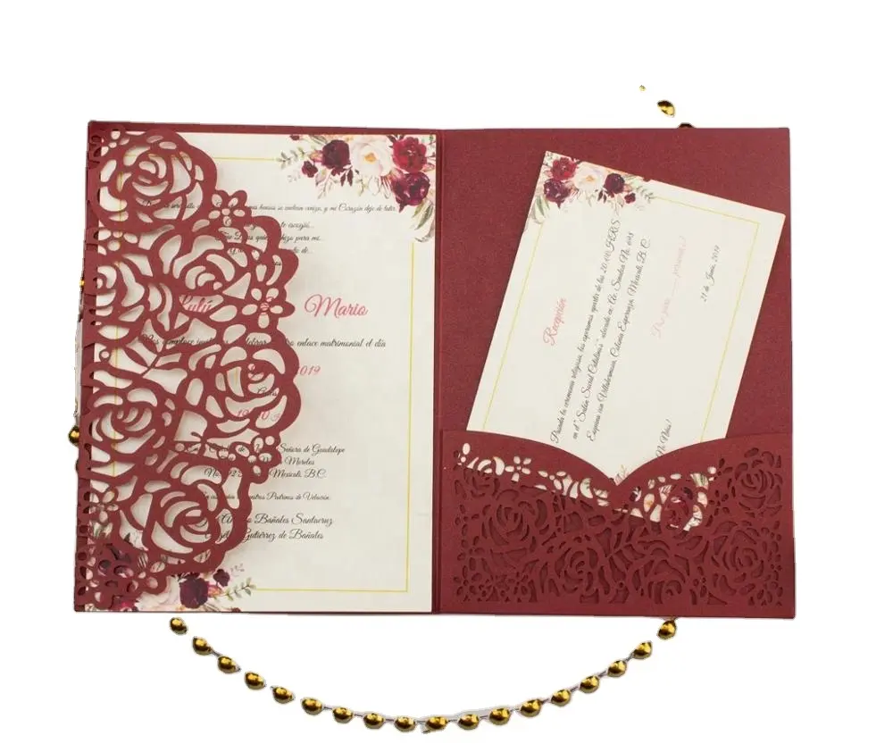 Carte d'invitation élégante de mariage 5x7 couleur bordeaux, carton de vœux avec séparation Laser, pour décoration fête, 1 pièce