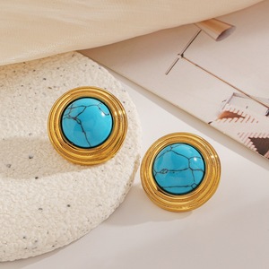 Stud Earrings Blue Turquoise <b>Round</b> Bezel Setting 18k Gold Plated Stainless Steel Ear <b>Posts</b> Fashion Jewelry - Product Image 1