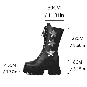 Bottes mi-mollet pour femmes en argent à talons épais, avec étoiles, à lacets sur le devant, bout carré, fermeture éclair latérale, plateforme - Product Image 6