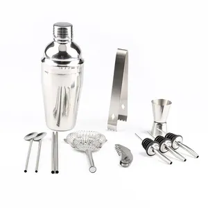 Wholesale Online Hot Selling High Quality Custom Logo Stainless Steel Cocktail Set Wooden Stand Base Cocktail Set 12 Piece Set