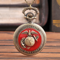 Reloj de Bolsillo de Cuarzo con Temática del Cuerpo de Marines de los Estados Unidos, Estilo Antiguo y Vintage, Color Rojo, con Cadena y Collar, Ideal para Regalo