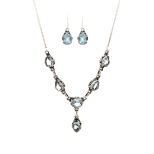 925 Sterling Silver Blue Topaz Jewelry Set Necklace Earrings Teardrop Pendant Oval Gemstones Bezel Setting Women's Everyday Wear - Product Image 1