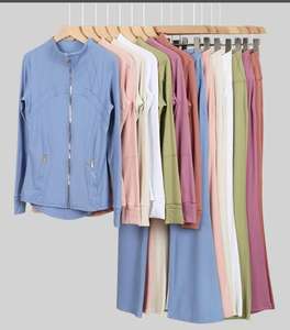 Ensemble de vêtements de yoga pour femmes <span class=keywords><strong>LULUS</strong></span>, 2 pièces, motif uni, veste de jogging avec pantalon évasé, fermeture élastique à la taille, tenue de fitness d'automne - Product Image 6